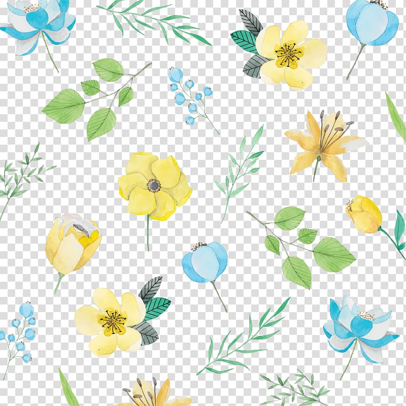 Watercolor painting Flower Blue Pattern, yellow watercolor flower transparent background PNG clipart