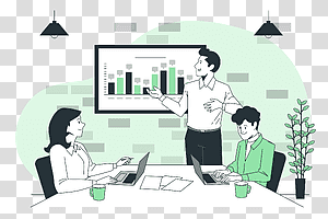 illustration, Pitch meeting, statistics, data, information, presentation, meeting, speaker, business analytics, employee, devices transparent background PNG clipart thumbnail
