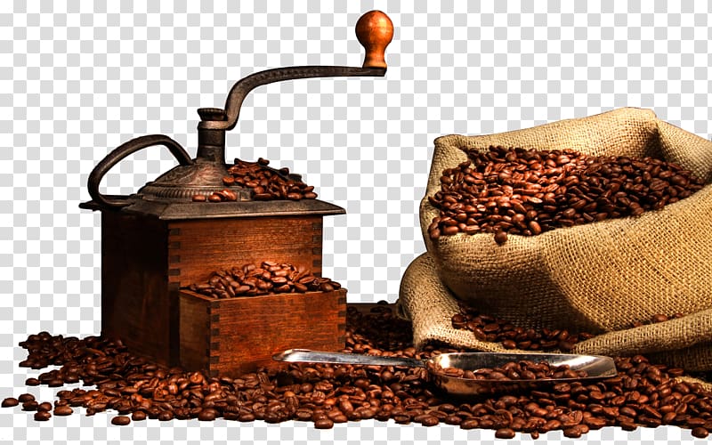 brown and gray manual coffee grinder and sack of coffee beans, Coffeemaker Espresso Cafe Coffee roasting, Coffee Bean machine transparent background PNG clipart
