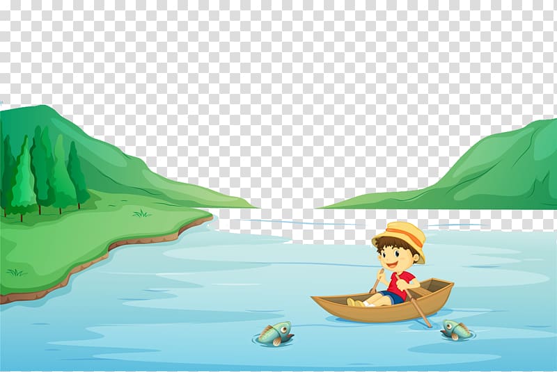 Rowing Boat , A boy rowing on a river in the mountains transparent background PNG clipart
