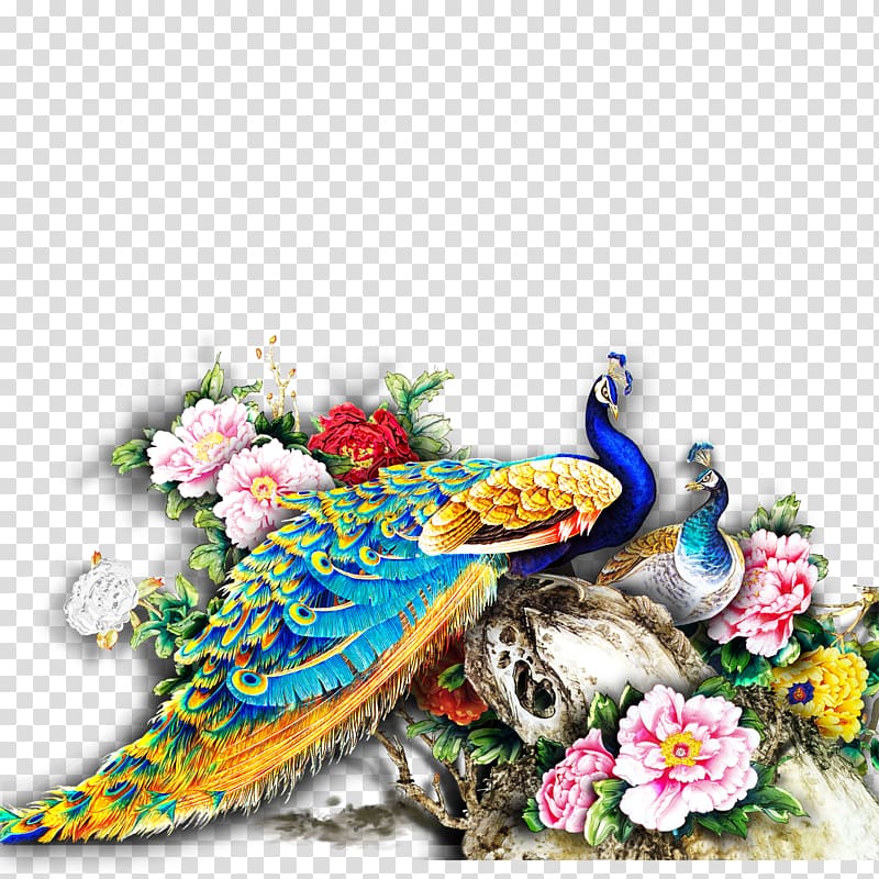 flowers and peacock illustration, Paper Wall Painting Mural, peacock transparent background PNG clipart