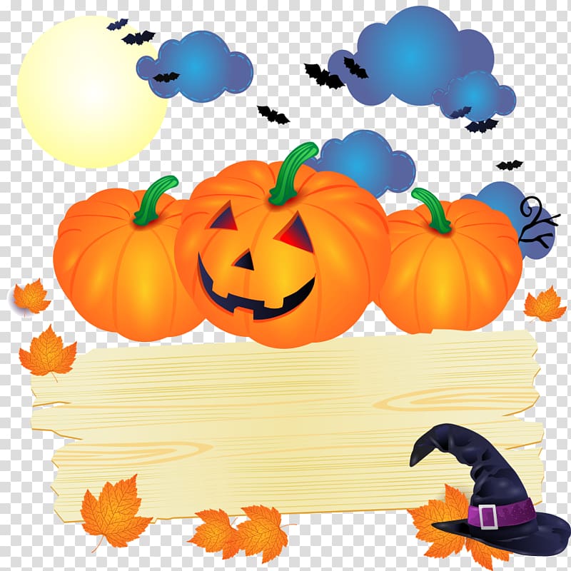 Jack-o\'-lantern Calabaza Pumpkin , Pumpkin and maple leaf on a wooden plaque transparent background PNG clipart