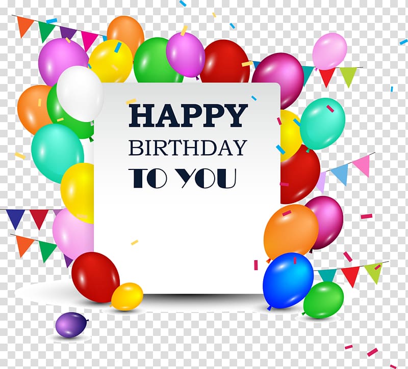 Happy Birthday to you balloon with confetti illustration, Wedding invitation Greeting card Birthday Template, Happy birthday greeting card transparent background PNG clipart