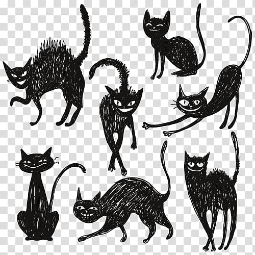 Halloween Drawing Illustration, Black cat artwork collection creative transparent background PNG clipart