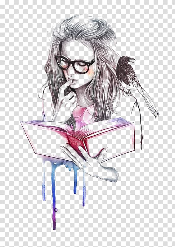 Drawing Reading Book Illustrator Illustration, Reading girl, woman reading book artwork transparent background PNG clipart
