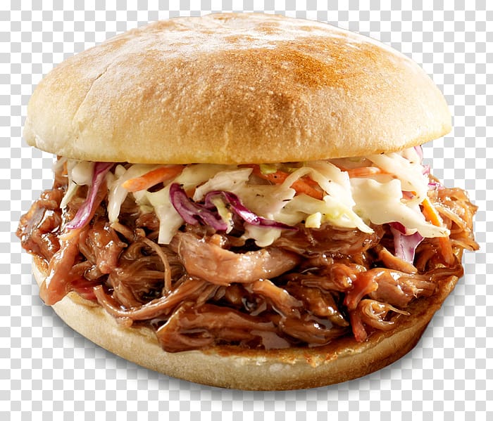 burger with coleslaw, Pulled pork Hamburger Barbecue grill Coleslaw French fries, pork transparent background PNG clipart