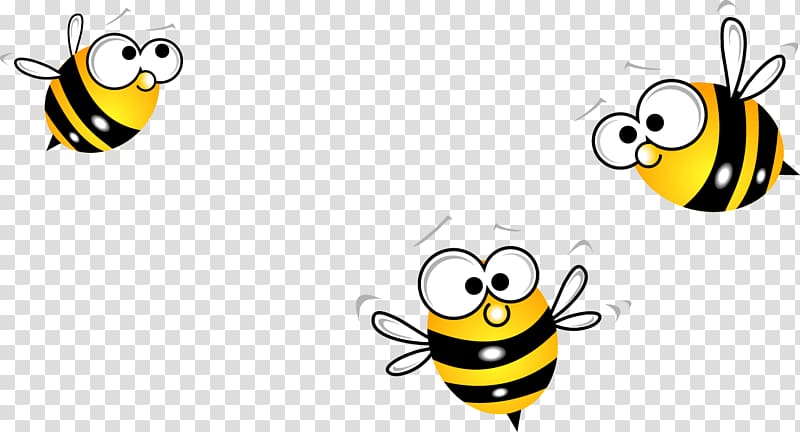 three yellow-and-black bees illustration, Honey bee Beehive , Cute cartoon bee transparent background PNG clipart