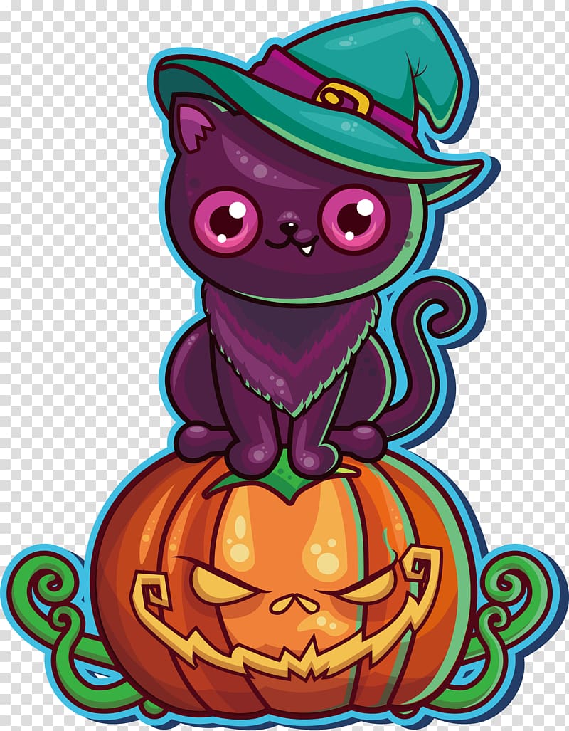 Black cat Halloween Party Pumpkin, Cute cartoon black cat transparent background PNG clipart