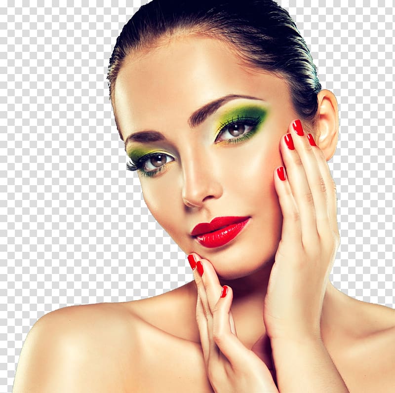 Cosmetics Model Beauty Nail polish, Makeup Model, woman touching her face transparent background PNG clipart