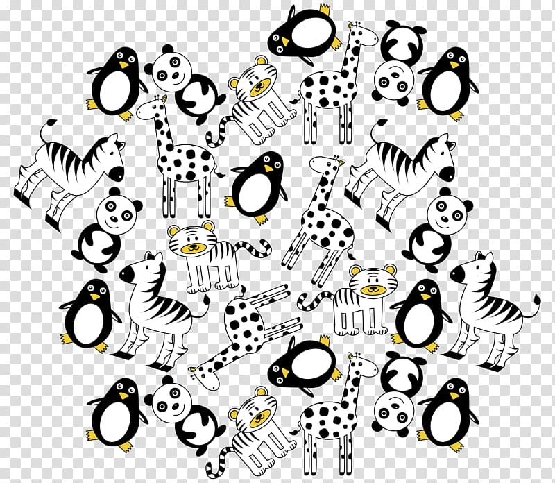Penguin Giant panda Cartoon, Hand-drawn cartoon penguin panda tiger zebra pattern transparent background PNG clipart