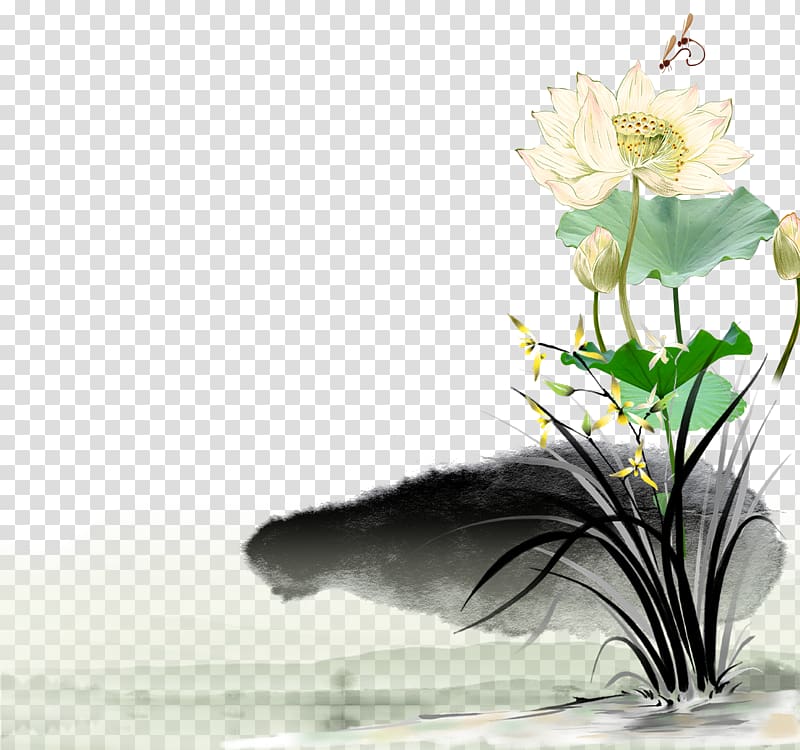 Ink wash painting Shan shui Chinoiserie , Ink lotus transparent background PNG clipart