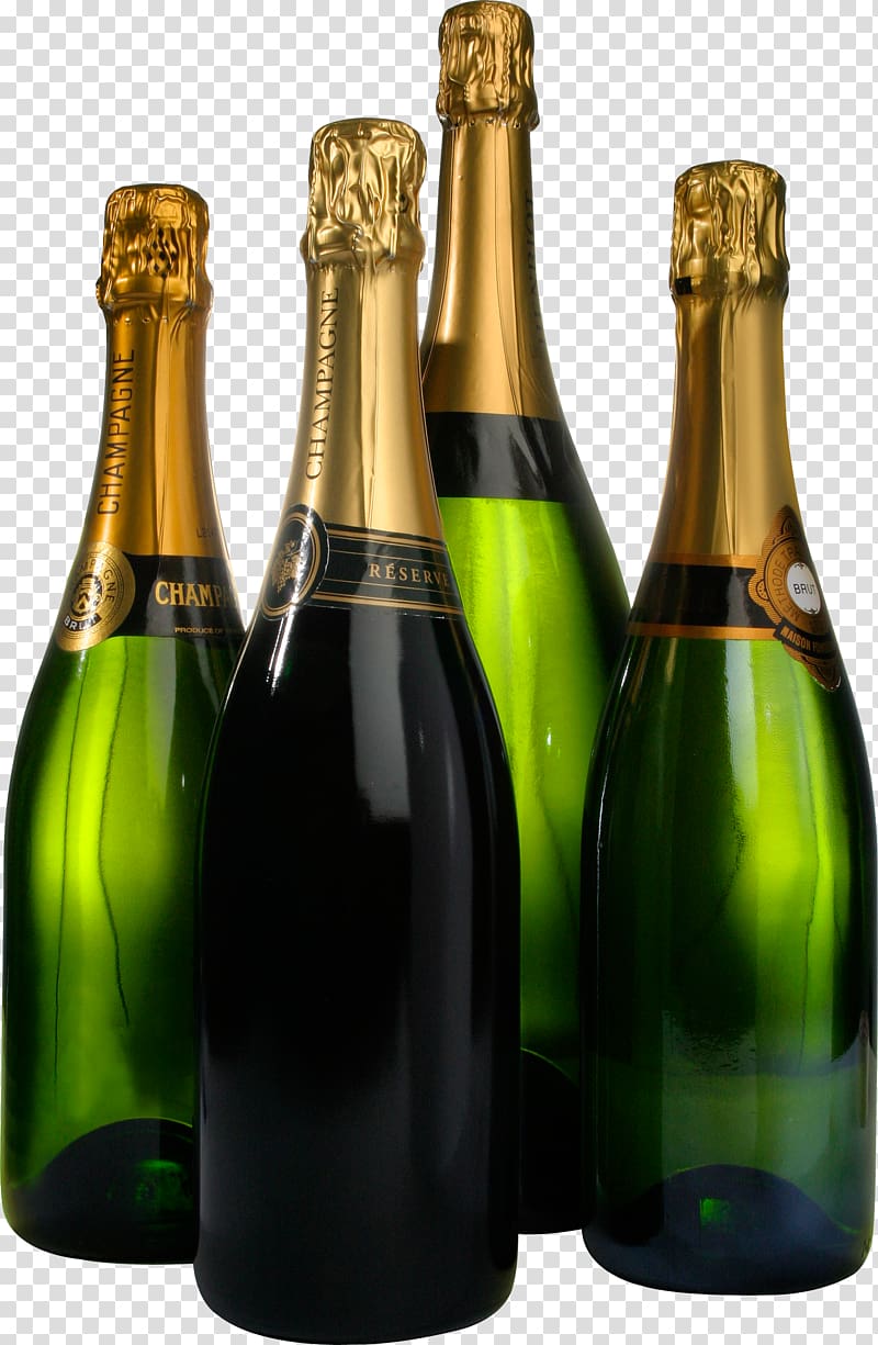 four green liquor bottles, Champagne Prosecco Wine Beer, Champagne bottles transparent background PNG clipart