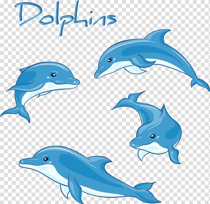 four blue dolphins illustration, Dolphin Cartoon Drawing , Decorative dolphin variety of positions transparent background PNG clipart