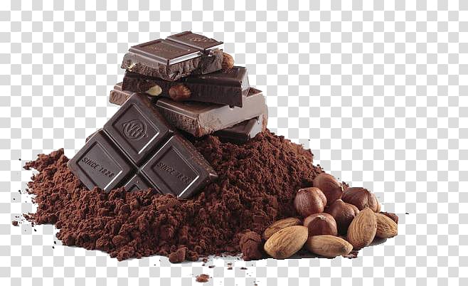 of chocolate, nuts, and powder, Chocolate bar Chocolate cake Cocoa solids Cocoa bean, Chocolate powder and chocolate transparent background PNG clipart