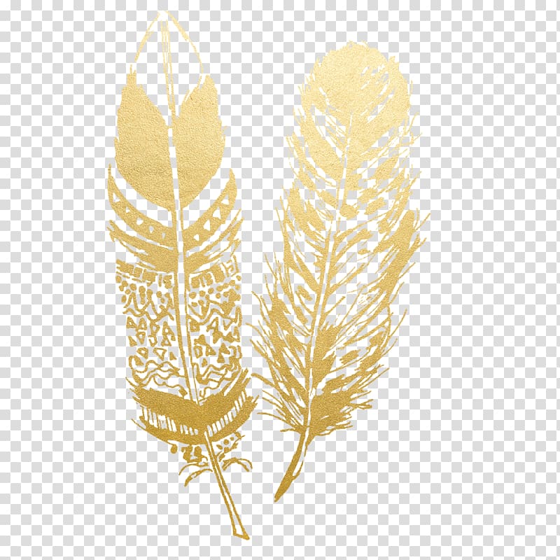 gold-colored feathers illustration, Feather Tattoo Wall decal, gold flower transparent background PNG clipart
