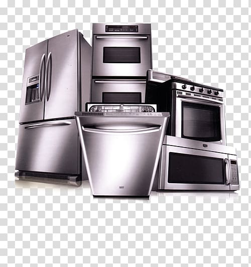 grey kitchen appliances illustration, Home appliance Refrigerator Cooking Ranges Clothes dryer Customer Service, Home Appliances Background transparent background PNG clipart