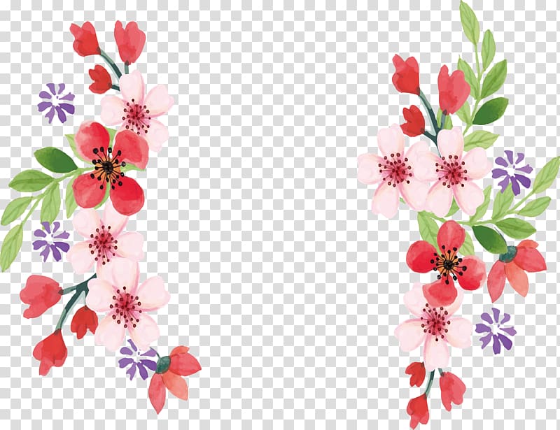 two pink-red-and-green flowers illustration, Flower Watercolor painting, Pink Small Floral Border transparent background PNG clipart