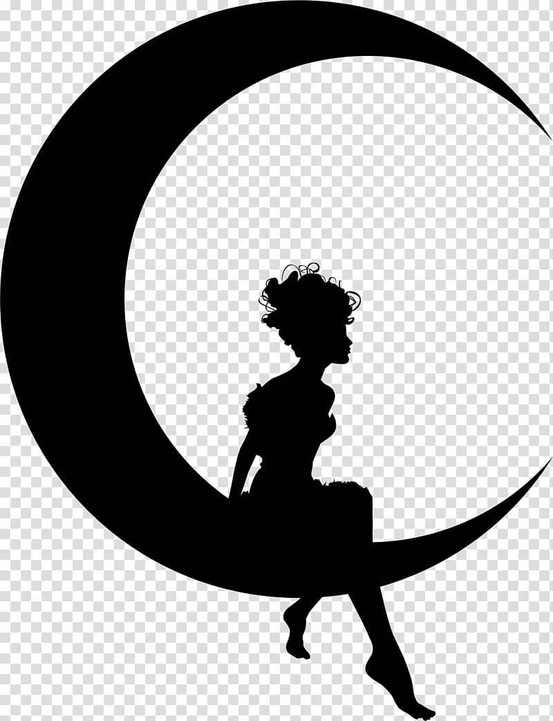 silhouette of woman sitting on crescent moon illustration, Fairy Sitting on Moon Crescent transparent background PNG clipart