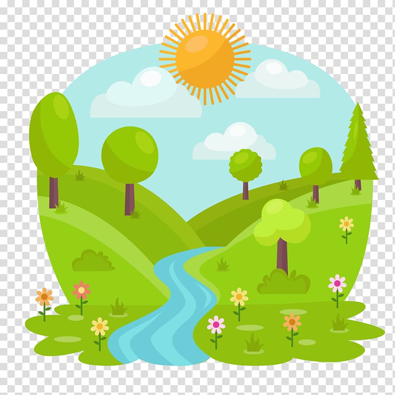green trees and multicolored flowers near river at sunset illustration, Cartoon, A small river under the sun transparent background PNG clipart