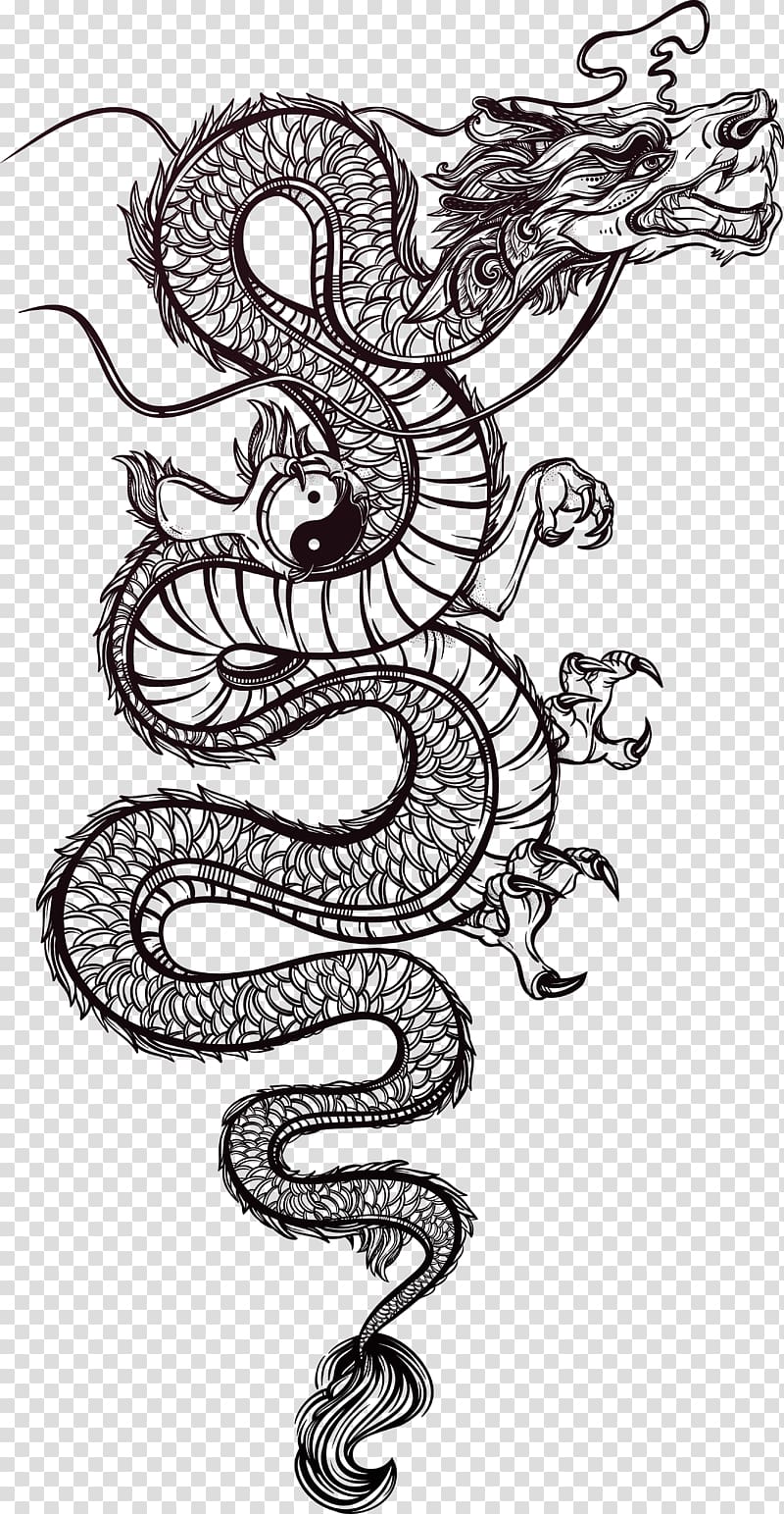Asian dragon black and white tattoo Chinese or east asian dragon with  water waves black and white tattoo vector  CanStock