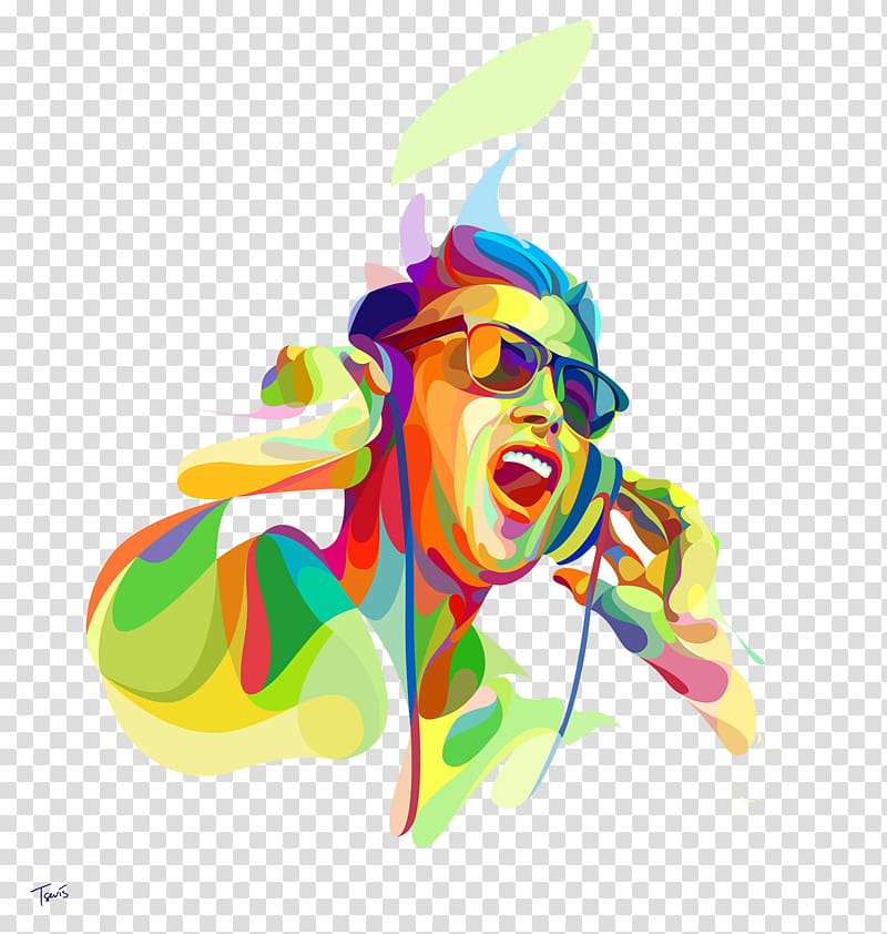 Music Art 4K resolution Graphic design Illustration, Listening to music with glasses people singing, man wearing headphones and sunglasses transparent background PNG clipart