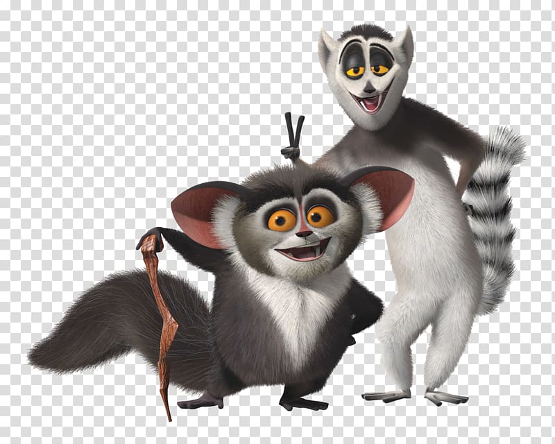 two lemurs characters, Julien Lemur Madagascar Film Animation, penguins of madagascar transparent background PNG clipart