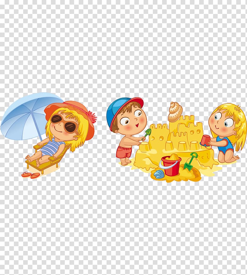 children illustration, Drawing Illustration, Cute cartoon kids at the beach transparent background PNG clipart