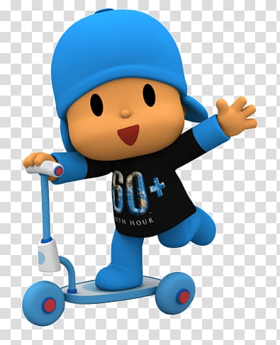 boy riding on kick scooter illustration, Pocoyo Riding Scooter transparent background PNG clipart