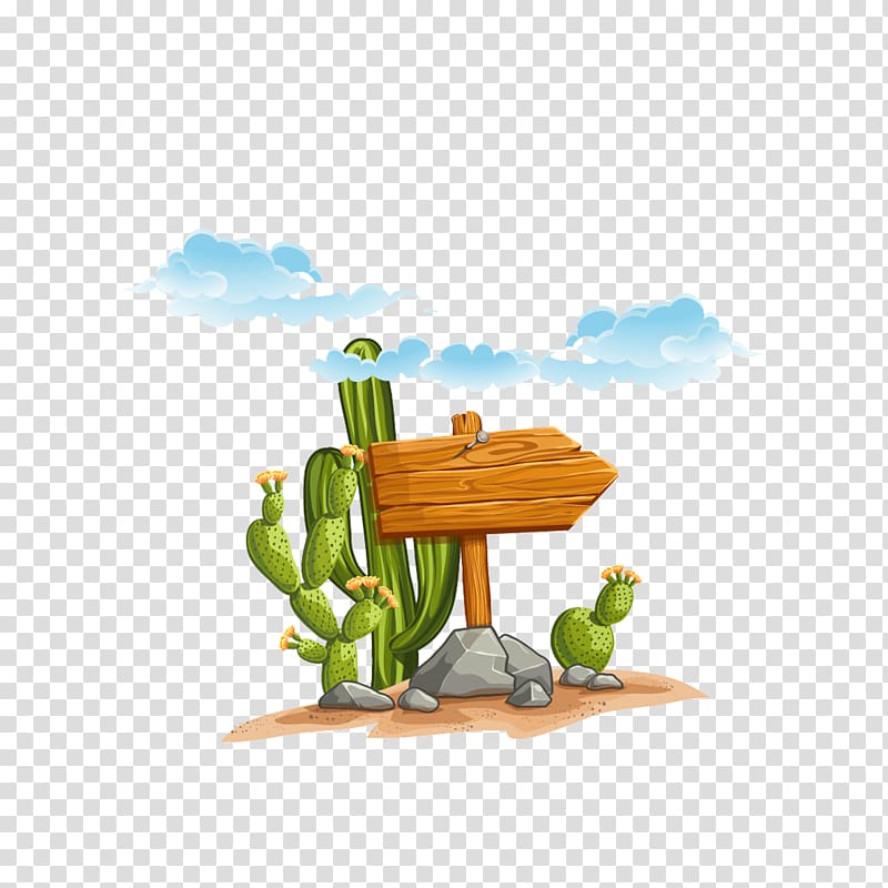 brown wooden road sign illustration, Cactaceae Desert Saguaro , Cartoon desert cactus transparent background PNG clipart
