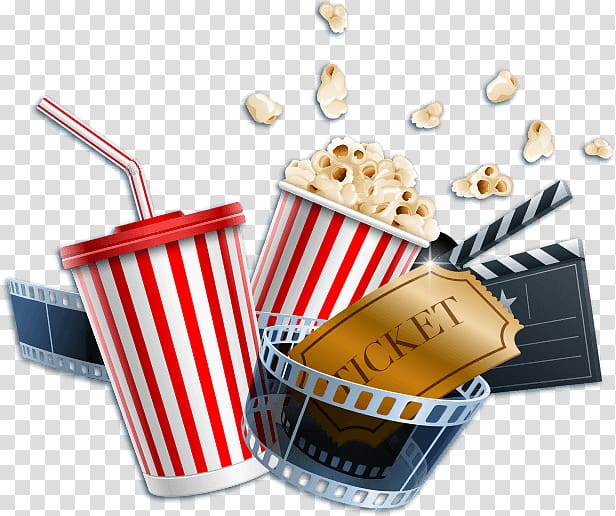 movie ticket, disposable cup, and popcorn illustration, Cinema Film, popcorn transparent background PNG clipart