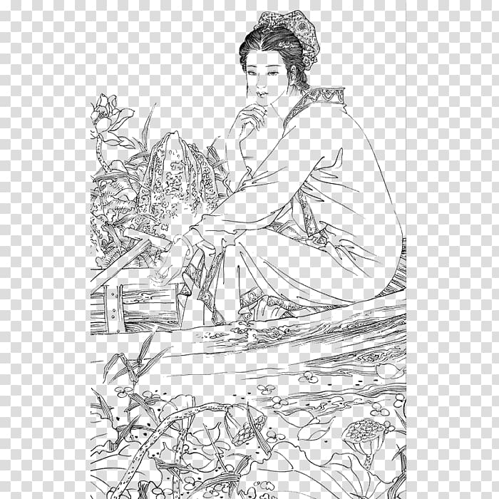 Gongbi u5433u6e56u5e06u66f8u756bu96c6 Landscape painting u767du63cfu753b Shan shui, Floral woman transparent background PNG clipart