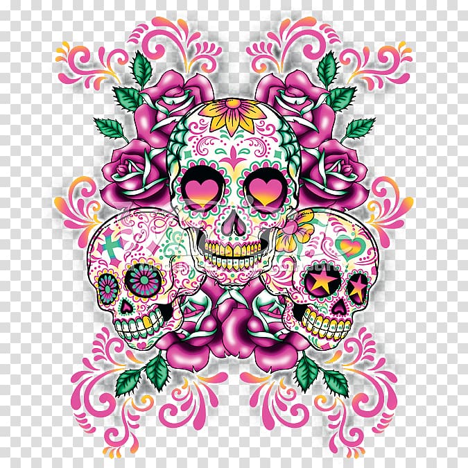 three multicolored sugar skulls illustration, Calavera Skull Day of the Dead Pastel Desktop , sugar skulls transparent background PNG clipart