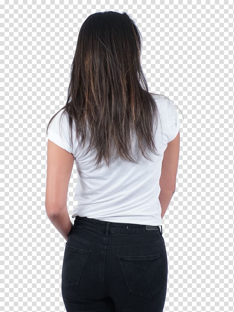 woman in white cap-sleeved shirt and black denim bottoms, Girl Woman T-shirt, back transparent background PNG clipart