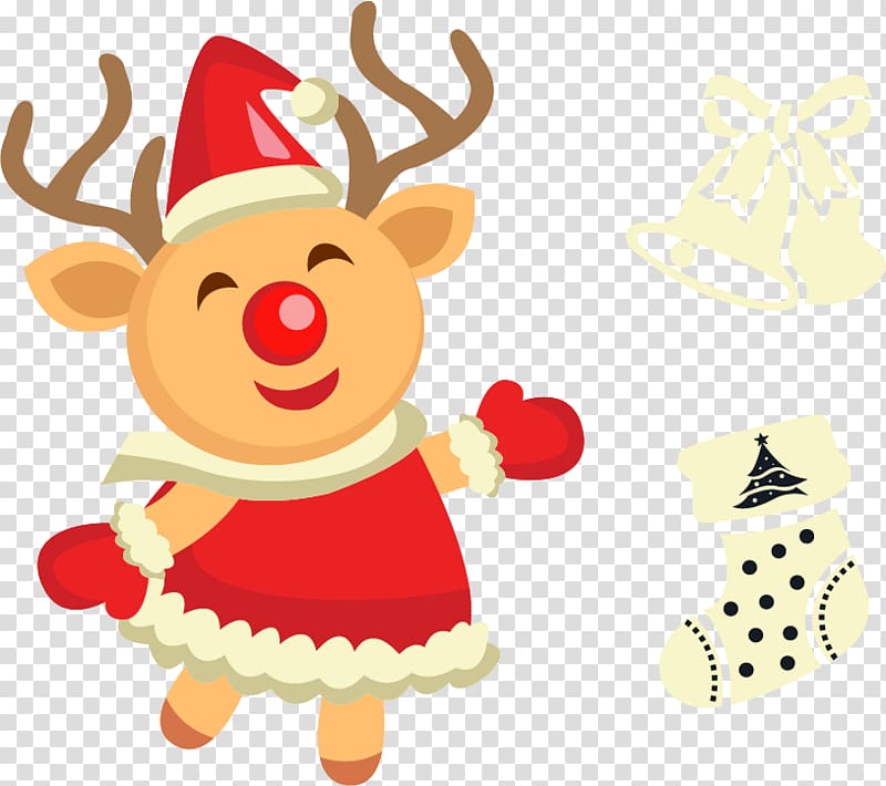 reindeer wearing red santa costume illustration, Reindeer Christmas ornament Santa Claus, Christmas deer material transparent background PNG clipart