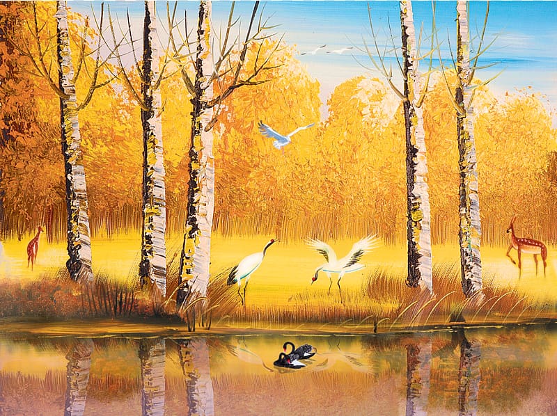 birds near river painting, Wall painting Mural , Autumn beautiful swan swimming creative background transparent background PNG clipart