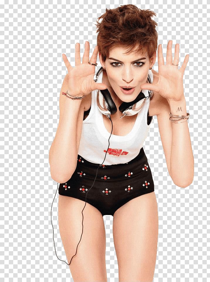 woman wearing white tank top, Anne Hathaway With Headphones transparent background PNG clipart