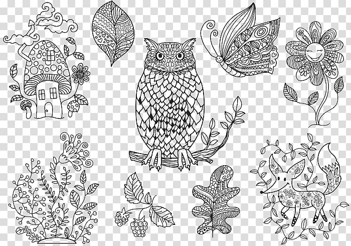 The Enchanted Forest Coloring book Euclidean Illustration, owl transparent background PNG clipart