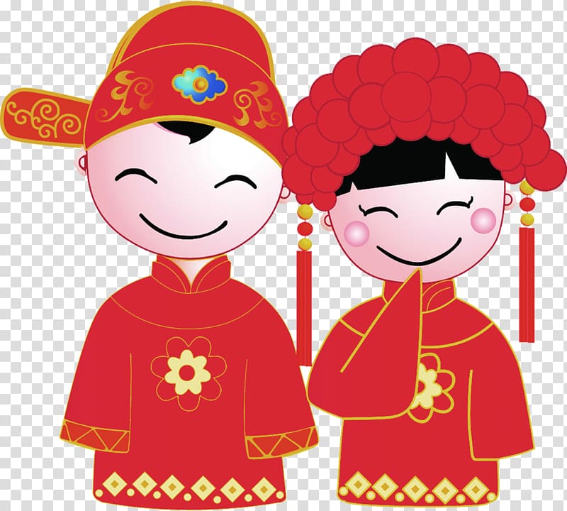 two man and woman wearing Korean traditional dress illustration, Chinese marriage Happiness Bride Wedding, Cartoon bride and groom wedding transparent background PNG clipart