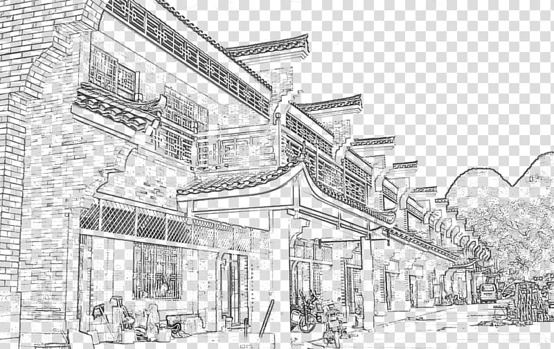 black concrete building illustration, Black and white Drawing Sketch, Ancient town play sketch landscape transparent background PNG clipart