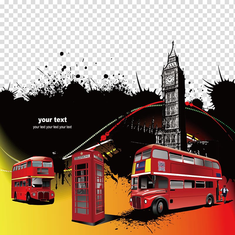 London bus and Elizabeth tower, Ink and cars transparent background PNG clipart