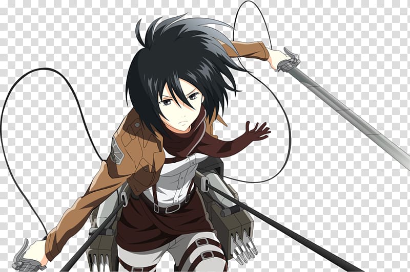 black haired female anime character holding gray metal sword illustration, Mikasa Ackerman Eren Yeager Attack on Titan Armin Arlert Character, green transparent background PNG clipart