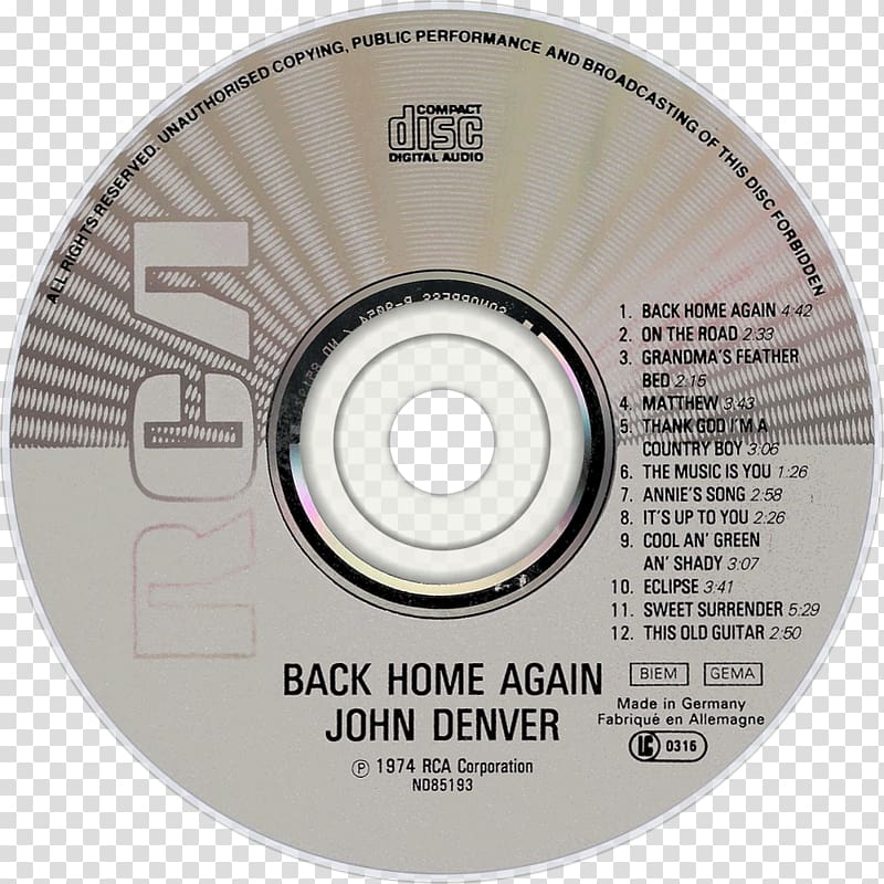 Compact disc Back Home Again Song Music The Essential John Denver, John Denver\'s Greatest Hits transparent background PNG clipart
