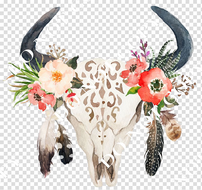 white and black animal skull painting, Cattle Wedding invitation Floral design Flower Boho-chic, Boho chic animals transparent background PNG clipart