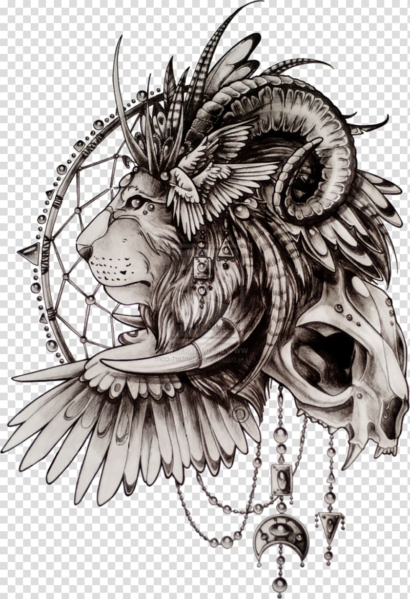 lion dreamcatcher illustration, Koi Lion Fantasy Tattoo Art Sleeve tattoo, watercolor animals transparent background PNG clipart