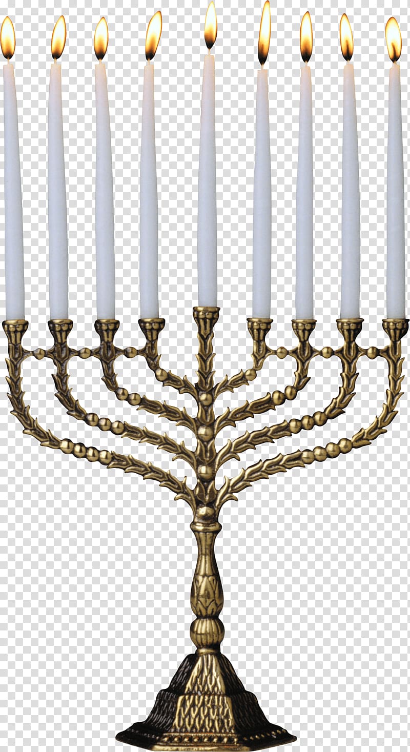 brass-colored and black menorah candle holder, Menora Candle transparent background PNG clipart