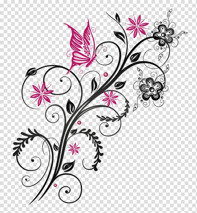 pink and black butterfly and flower illustration, Butterfly Flower , floral ornament transparent background PNG clipart