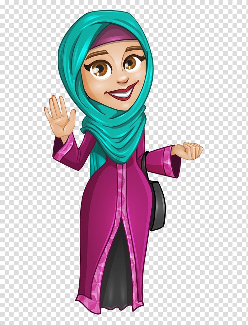 woman wearing hijab and abaya illustration, Cartoon Illustration, Cartoon painted Arab charming girl transparent background PNG clipart