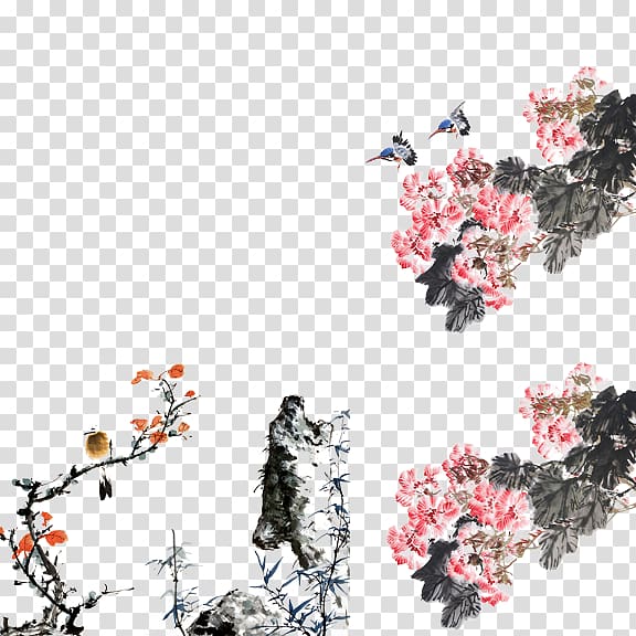 Bird-and-flower painting Ink wash painting Shan shui Gongbi Watercolor painting, Plum flower transparent background PNG clipart