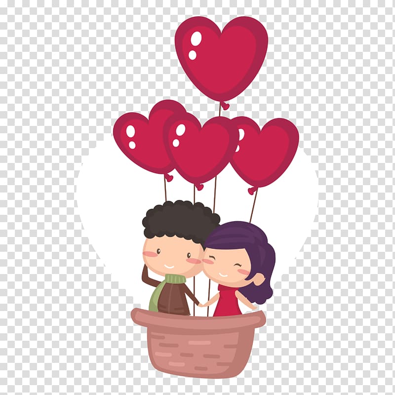 couple on hot air balloon illustration, Valentine\'s Day Cartoon Heart, Cute couple ride love hot air balloon illustration transparent background PNG clipart