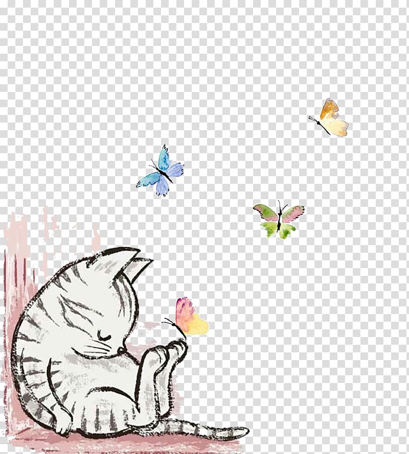 multicolored cat and butterflies illustration, American Shorthair Kitten Drawing Illustration, Cartoon cat wall painting transparent background PNG clipart